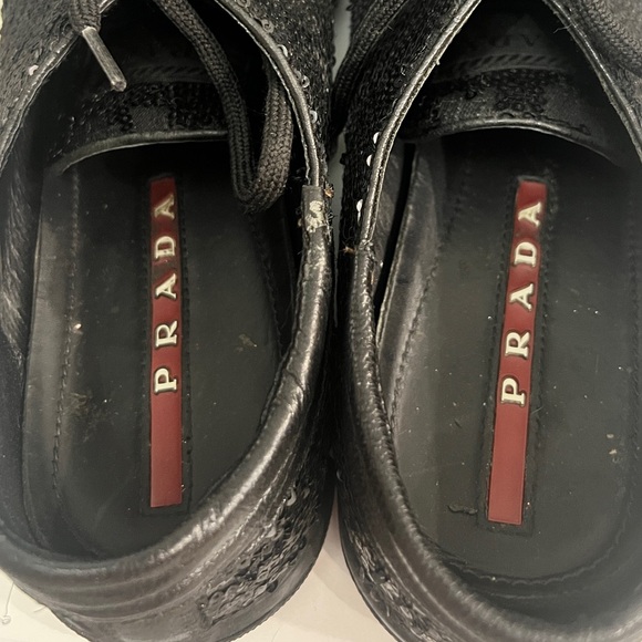 PRADA Black Sequin & Leather Metallic Cap Toe Fashion Sneakers Size 37 - Picture 5 of 6